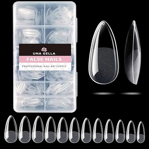 UNA GELLA Almond Gel x Nail Tips, 504PCS Pre Etched Clear Fake Nails Tips Medium Almond Shape - 12 Sizes Full Cover Soft Acrylic Press On Nail Extensions No C Curve Gift for Diy at Home - A0-MediumAlmond
