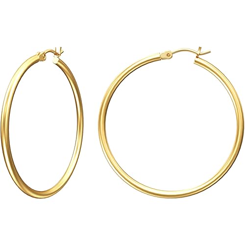 Gacimy Gold Hoop Earrings for Women 14K Real Gold Plated Hoops with 925 Sterling Silver Post - 40mm - Gold