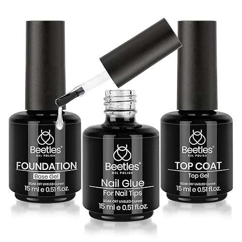 Beetles Top Coat Base Gel & Nail Glue Set-3Pcs No Wipe Top Coat & Base Coat with 5 In 1 Nail Glue Shine Effect Long Lasting Soak Off Uv Light Lamp Diy Home for Women Girls - 1-Top Base and Nail Glue