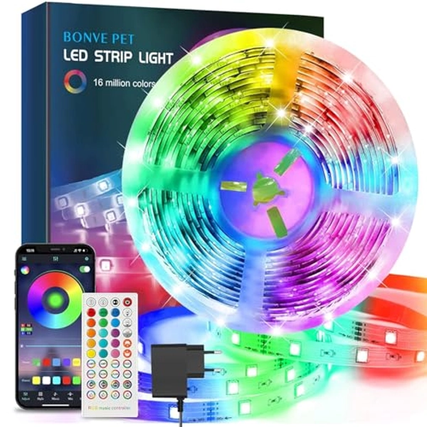 Bonve Pet Ruban LED 5M Bleutooth Bande LED RGB LED Chambre Bande Lumineuse Flexible Multicolore, Contrôlé par APP du Smartphone, Synchroniser avec Rythme de Musique/Fonction de Minuterie