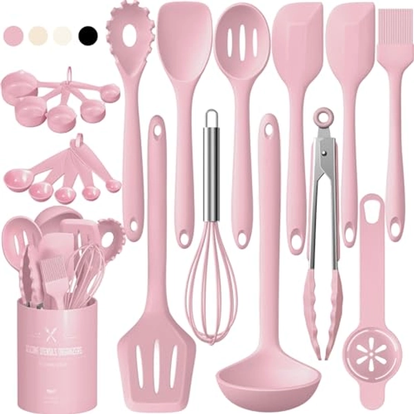 Umite Chef 22Pcs Silicone Cooking Utensils Set, Heat Resistant Silicone Kitchen Spatulas Set with Holder, Cooking Gadgets Tools Set for Nonstick Cookware, Dishwasher Safe(Pink)