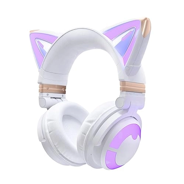 YOWU RGB Cat Ear Headphone 3G Wireless 5.0 Foldable Gaming Headset with 7.1 Surround Sound, Built-in Mic & Customizable Lighting and Effect via APP, Type-C Charging Audio Cable-White