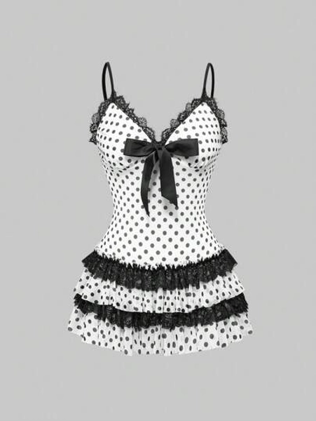 ROMWE Kawaii Polka Dot Bow Decor Cake Layer Mini Dress For Women