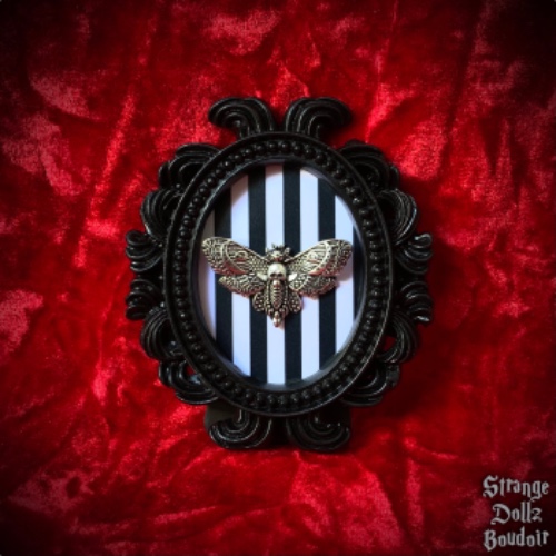 Small gothic death moth frame, beetle stripes, gothic home decor, luxury gothic frame, Strange Dollz Boudoir - Wall hanging