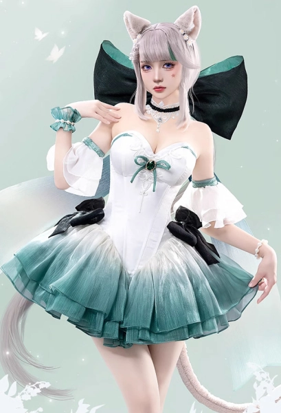 Genshin Impact Lynette Derivative Dress Set Farbverlauf Weiß Grün Schleifenkleid mit Kopfschmuck und Armband