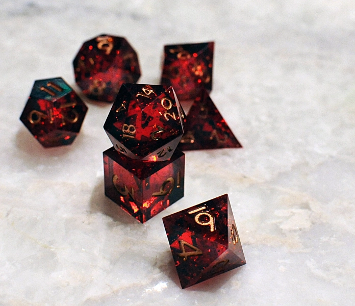 Red polyhedral sharp edge DnD gem dice holographic iridescent
