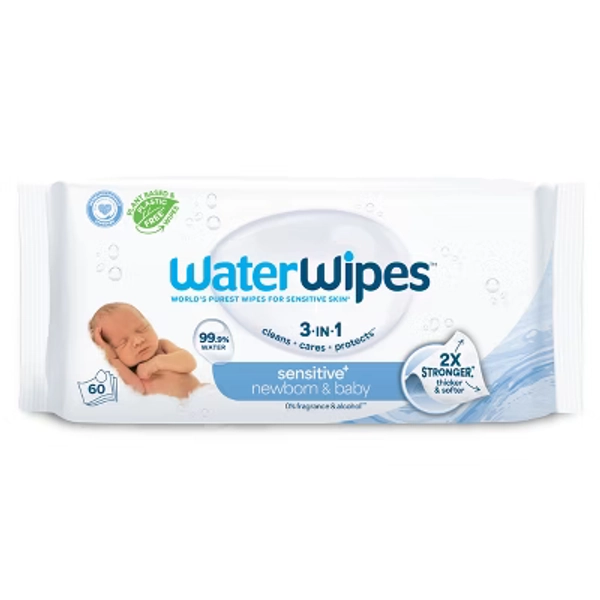 WaterWipes Sensitive+ Newborn & Baby Wipes, 3-In-1 Cleans, Cares, Protects, 99.9% Water, Unscented & Hypoallergenic