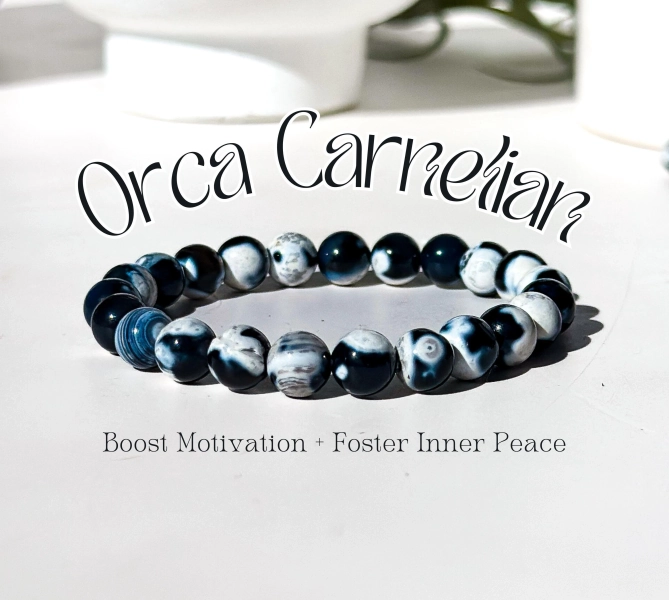 Hand-Made Orca Carnelian Bracelet, 8mm Orca Carnelian Bracelet, Orca Carnelian Jewelry, Spiritual Gift, Sacral & Root Chakra, Orca Carnelian