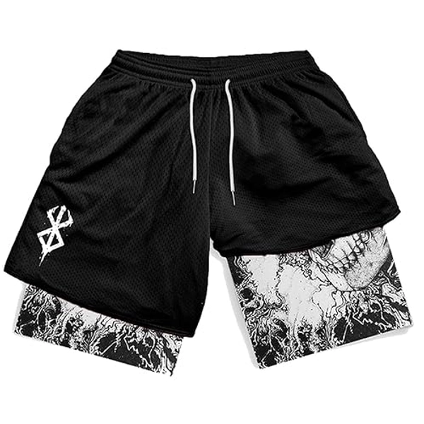 Y2K Estate Uomo Streetwear Anime Vita Alta Oversize Traspirante Palestra Pantaloni Corti Allenamento Fitness Allenamento Pantaloncini da Pista Abbigliamento-Nero (B)-L