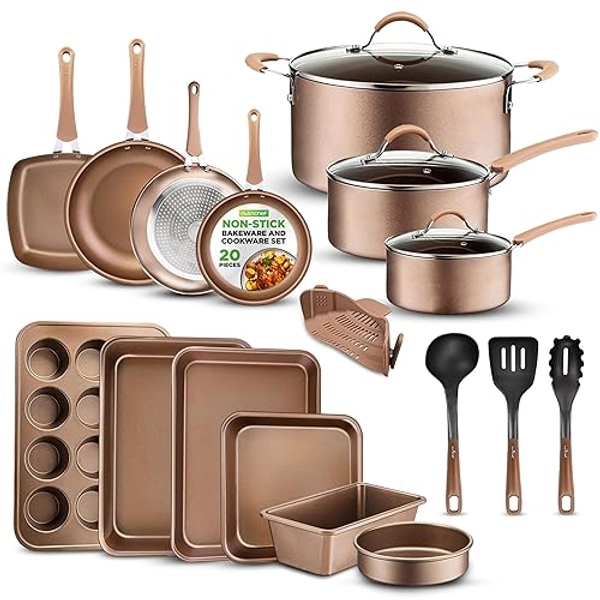 NutriChef 20-Piece Nonstick Kitchen Cookware Set - PFOA/PFOS-Free Heat Resistant Lacquer Kitchenware w/ Bakeware, Frying Pans, Cooking Pots, Utensils