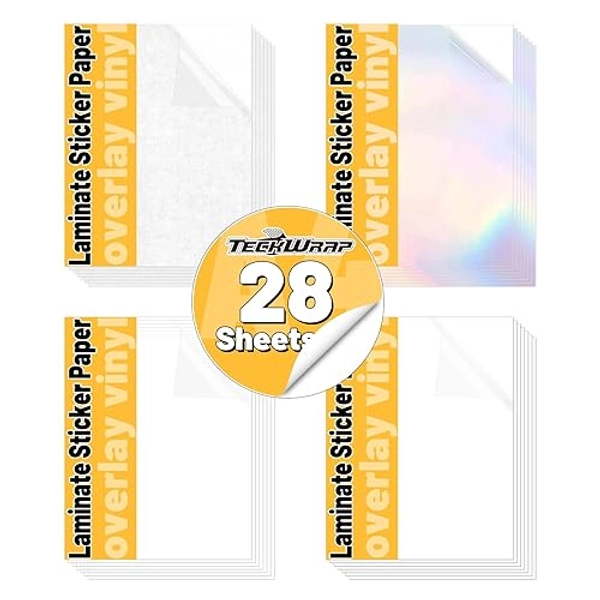 TECKWRAP Holographic Sticker Paper Clear Overlay Lamination Vinyl Laminate Sticker Film 8.26" x 11.69" A4 Size 28 sheets/Pack for Craft, Scrapbooking, Craft Cutters (Rainbow,Glossy,Matte,Glitter)