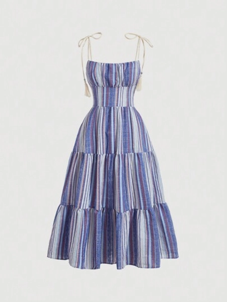 SHEIN MOD Striped Ruched Bust Ruffle Hem Cami Dress,Pastel Dresses For Women