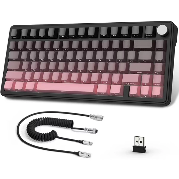ATTACK SHARK X85 75% Mechanical Gaming Keyboard and Coiled Cable Set,Hot Swap,Cherry Profile Side Print PBT Keycaps,Gasket,CNC Knob,RGB,NKRO White Jade Switch for Win/PC/MAC-Pink Gradient