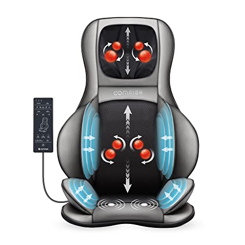 COMFIER Shiatsu Rücken und Nacken Massagesitzauflage mit Wärme - 2D / 3D-Knet Massageauflage mit voller Rückenlehne und Einstellbarer Luftkompresse, Ganzkörper Massagematte für Damen, Herren - Grau