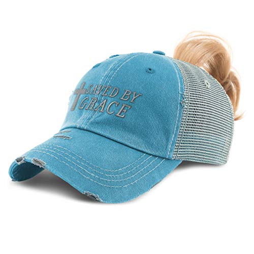 Custom Womens Ponytail Cap Saved by Grace Jesus Christian Embroidery Cotton - Turquoise Design Only