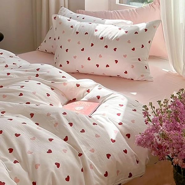 Erwinmu Heart Duvet Cover Set Twin Size,White Pink Red Heart Pattern Bedding Duvet Cover Girls with Zipper Closure,Breathable Microfiber Comforter Cover and 1 Pillowcases