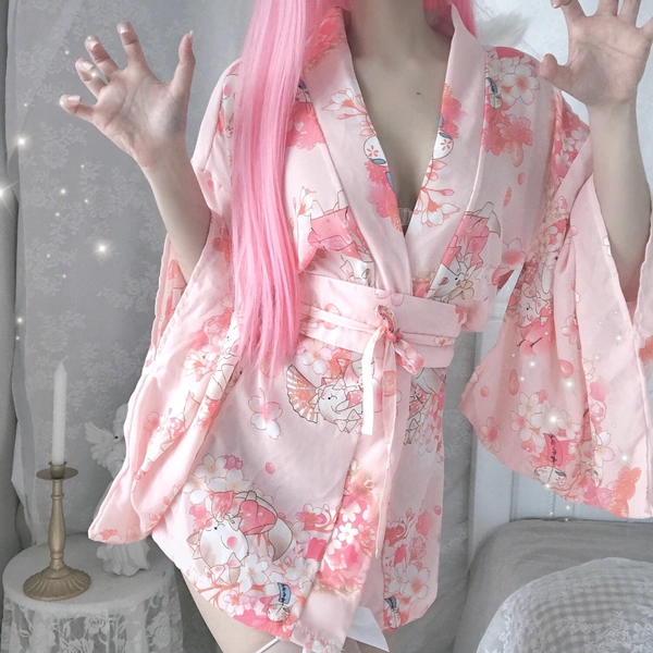 Cute Pink Floral Japanese Cosplay Kimono Pyjamas