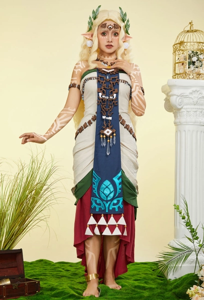 The Legend of Zelda: Tears of the Kingdom Queen Sonia Cosplay Costume Dress and Necklace with Elf Ears