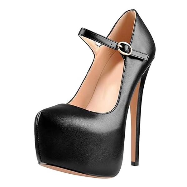 MissHeel Women's Mary Jane Stiletto Pumps Buckle Straps High Heels Closed Toe Ankle High Platform Dress Shoes