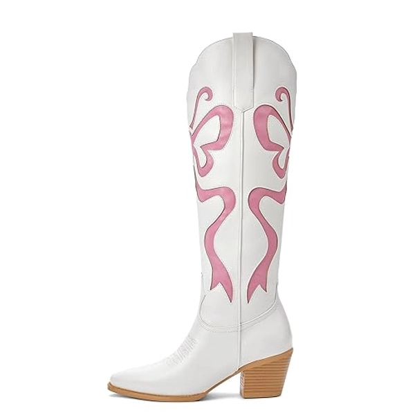 WINDBXYB Women's Cowboy Boots With Colorful Bows Embroidered White Knee-High Boots Fashion Almond Toe Chunky Heel Design
