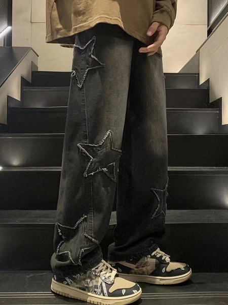 ROMWE Street Life Men's Fringed Straight Leg Baggy Jeans With Star Pattern