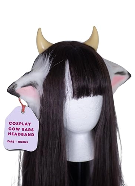 MOEFLAVOR Anime Plush Cow Ears Fur Headband with Devil Horns | Matches Any Kawaii Lingerie Costume for Sexy Cosplay