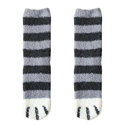 Kawaii Warm Cat Paw Fuzzy Socks - 1 x Grey Stripe