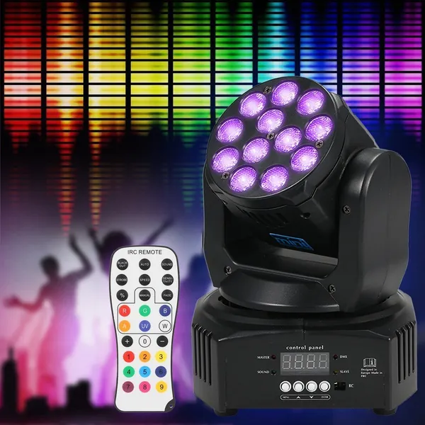 Mini 12 LEDs 40W RGBW Wash Rotating Moving Head Stage Effect Light 7/13 Channel DMX512 Sound-activeated with Reomote Control for Indoor Disco KTV Club Party