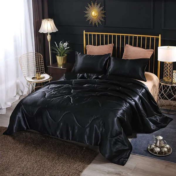A Nice Night Satin Silky Soft Quilt Sexy Luxury Super Soft Microfiber Bedding Comforter Set , Light Weighted (Black, King(102-by-88-inches))