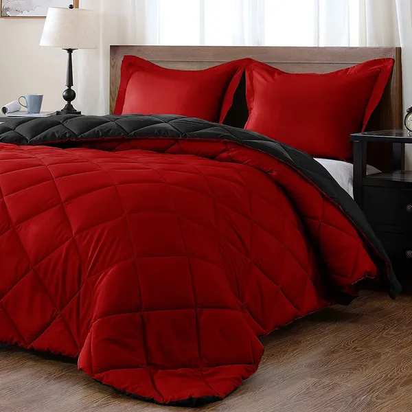 downluxe Lightweight Solid Comforter Set (King) with 2 Pillow Shams - 3-Piece Set - Red and Black - Down Alternative Reversible Comforter