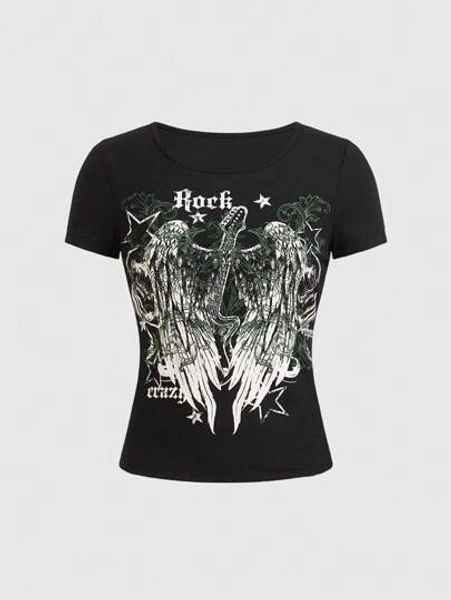 ROMWE Grunge Punk Vintage Wing & Star Printed T-Shirt, School
