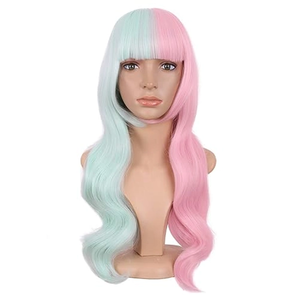 MapofBeauty 24 Inch/60cm Multicolor Flat Bangs Long Curly Fashion Cosplay Party Wig (Half Pink Half Green)