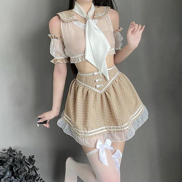 Adorable Schoolgirl Lingerie Set: See-Through Top and JK Plaid Skirt