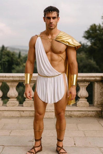 Personalized Men’s  Ancient Greek God  Toga. Open Breast Gold Loin Cloth shoulder Drape Gauntlets Harness Halloween Costume