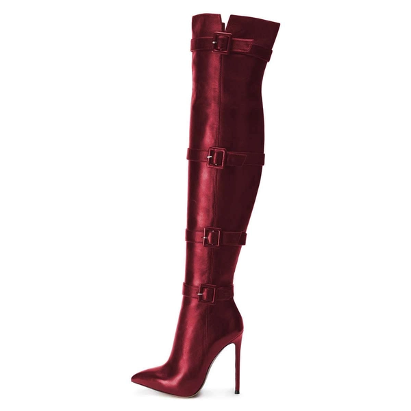 Burgundy Pointy Toe Stiletto Heel Thigh High Heel Boots
