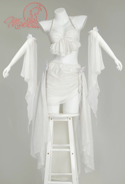 Elf Style Sexy Lingerie Set White Butterfly Fairy Short Top and Skirt with Sleeves Waist Chain