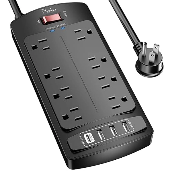 Power Bars with Surge Protector, Nuetsa Power Strip with 8 Outlets and 4 USB Ports, 6 Feet Extension Cord (1625W/13A), 2700 Joules, ETL Listed, Black