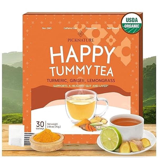 PICKNATURE USDA Organic Happy Tummy Tea - Digestive tea with Lemongrass, Turmeric, Ginger tea Freshly Picked from Thailand| 30 tea bags (100+ Cups) | Herbal Tea Gifts
