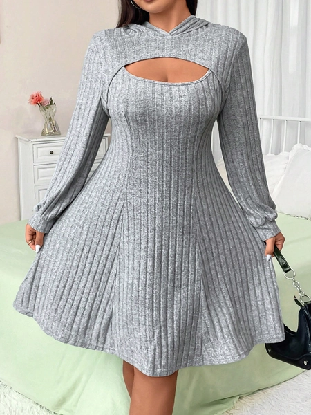 SHEIN EZwear Plus Size Women's Solid Color Simple Casual Hollow Out Hooded Long Sleeve Dress