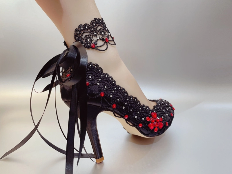 Black Red Pattern Unique Embellished Handmade Satin Open Closed toe Lace Ribbon Rhinestone Pearl