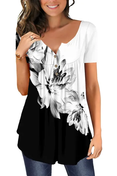 CHICZONE Womens Tops Casual Short Sleeve T-Shirt V Neck Buttons Up Floral Printed Blouse Tunic