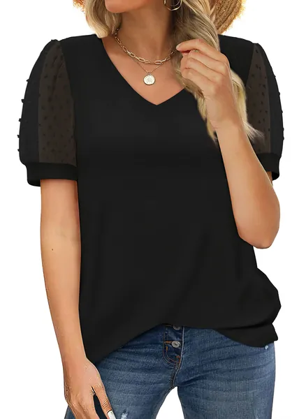 Aokosor T Shirts for Women V Neck Tops Ladies Swiss Dot Puff Sleeve Summer Tee