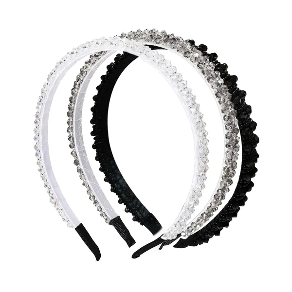 Jancosta 3 Pieces Crystal Rhinestone Headbands Crystal Embellished Crystal Headband Velvet Padded Wide Hairbands Party Wedding Headpiece Hair Accessories for Women (Black, White, Beige)