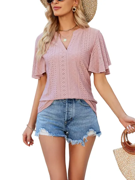 Famulily Summer T Shirts for Women's UK Ruffle Short Sleeve Tshirts Casual V Neck Loose Fit Tunic Blouses Tops