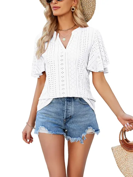 Famulily Summer T Shirts for Women's UK Ruffle Short Sleeve Tshirts Casual V Neck Loose Fit Tunic Blouses Tops