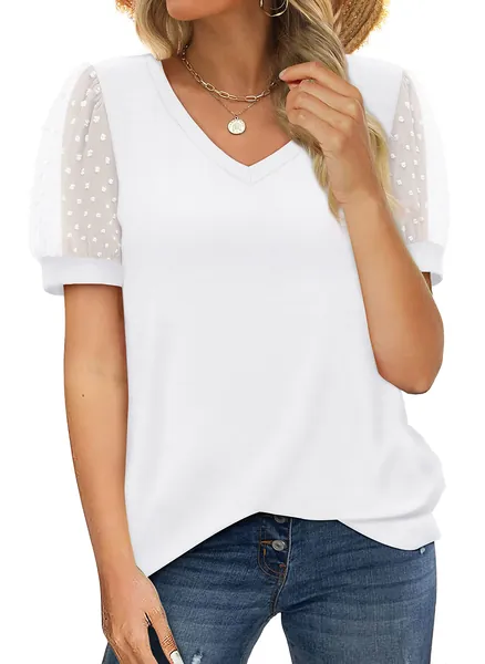 Aokosor T Shirts for Women V Neck Tops Ladies Swiss Dot Puff Sleeve Summer Tee