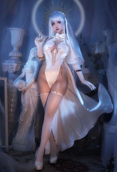 Miccostumes x MobBunny x Chowbie Sister Sexy Lingerie Set Halloween Hollowed Halter Dress and Veil with Thigh Socks and Earrings