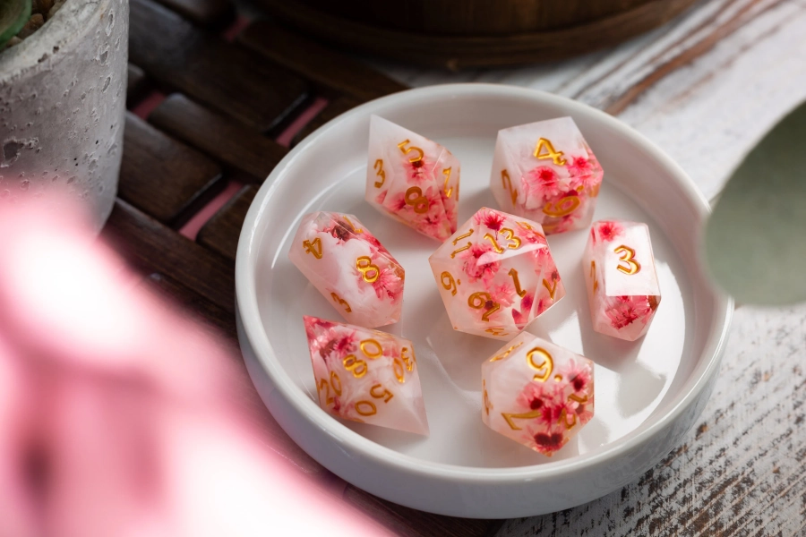 Pink Blossom Handmade Resin DND Dice Set MTG Tabletop Gaming