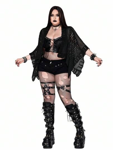 SHEIN Whyspr Plus Size Women Retro Punk Y2K Dark Style Knitted Shawl Cardigan / Cool Girl Plus Size Sleeve Knitted Cardigan