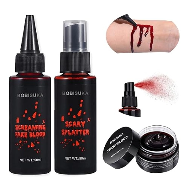 BOBISUKA 3PCS Halloween Fake Blood Makeup Kit - Coagulated Blood 1.41oz + Fake Blood Spray 1.76oz + Dripping Blood 1.76oz, Realistic Washable SFX Makeup for Zombie Monster Mouth Clothes Dress Up